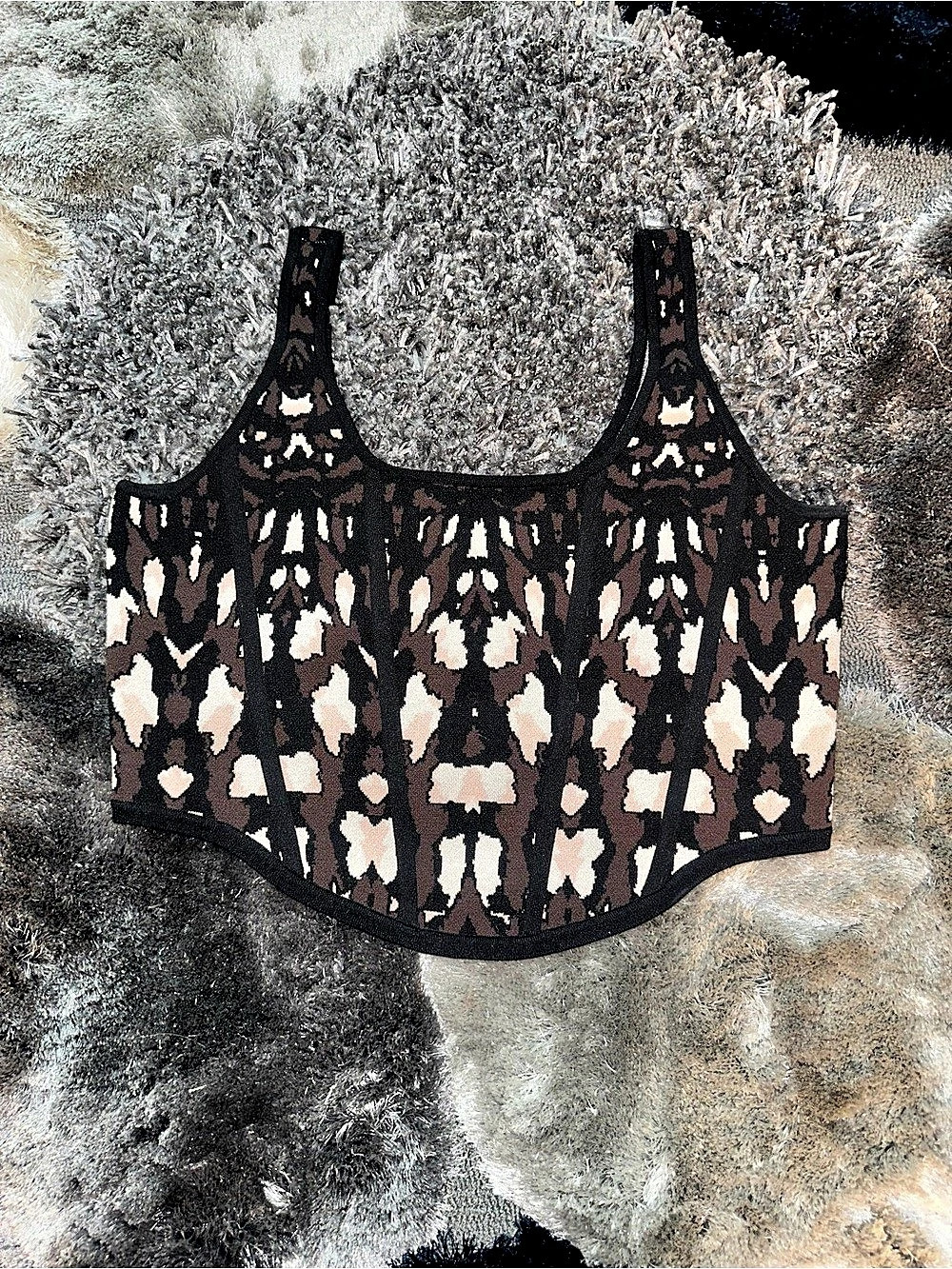 Express Women's Abstract Crop Top Black & Cream/Brown XL NWT